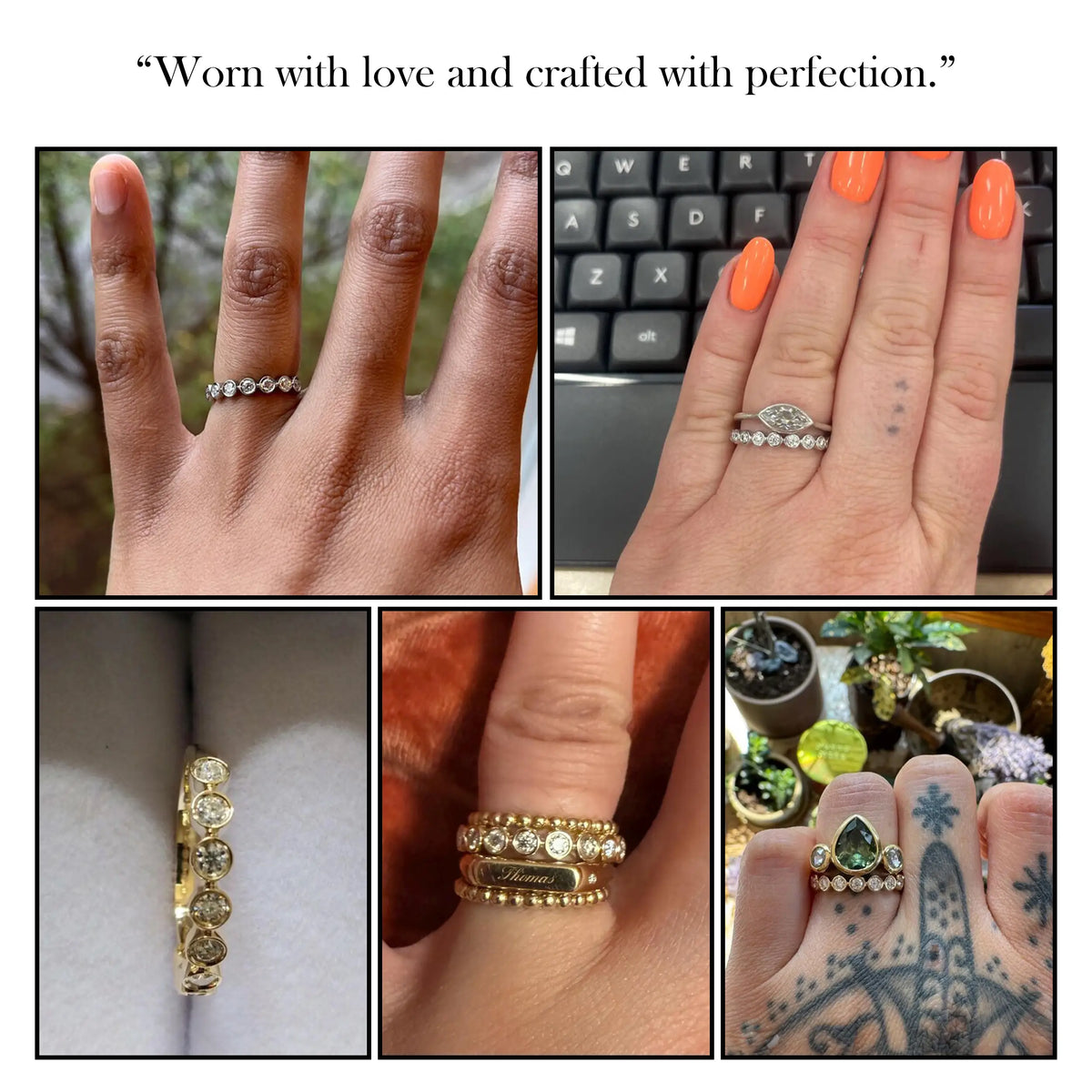 Round-stone eternity band ring shown on fingers in multiple angles
