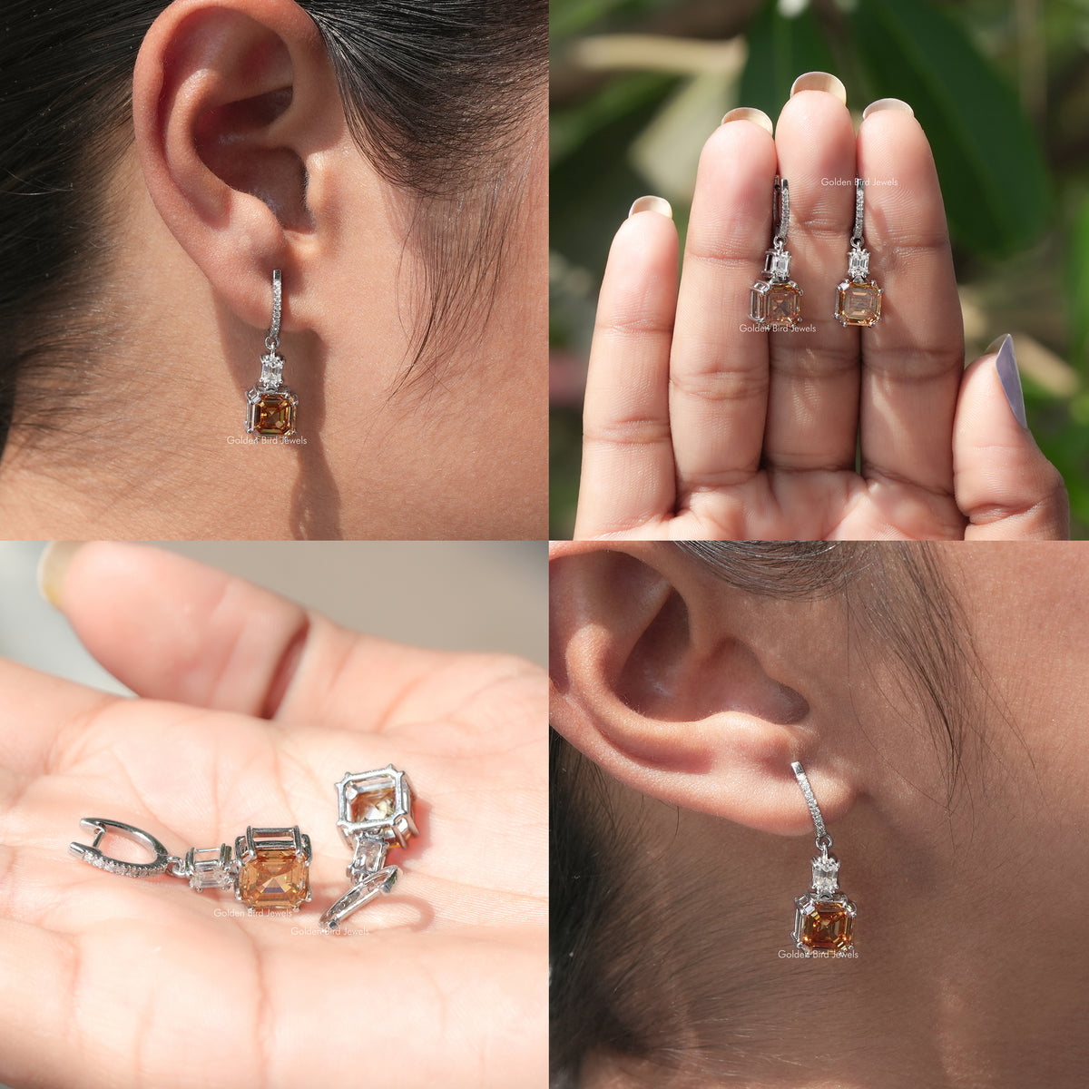 Asscher-cut amber moissanite drop earrings shown side and on hand, silver setting