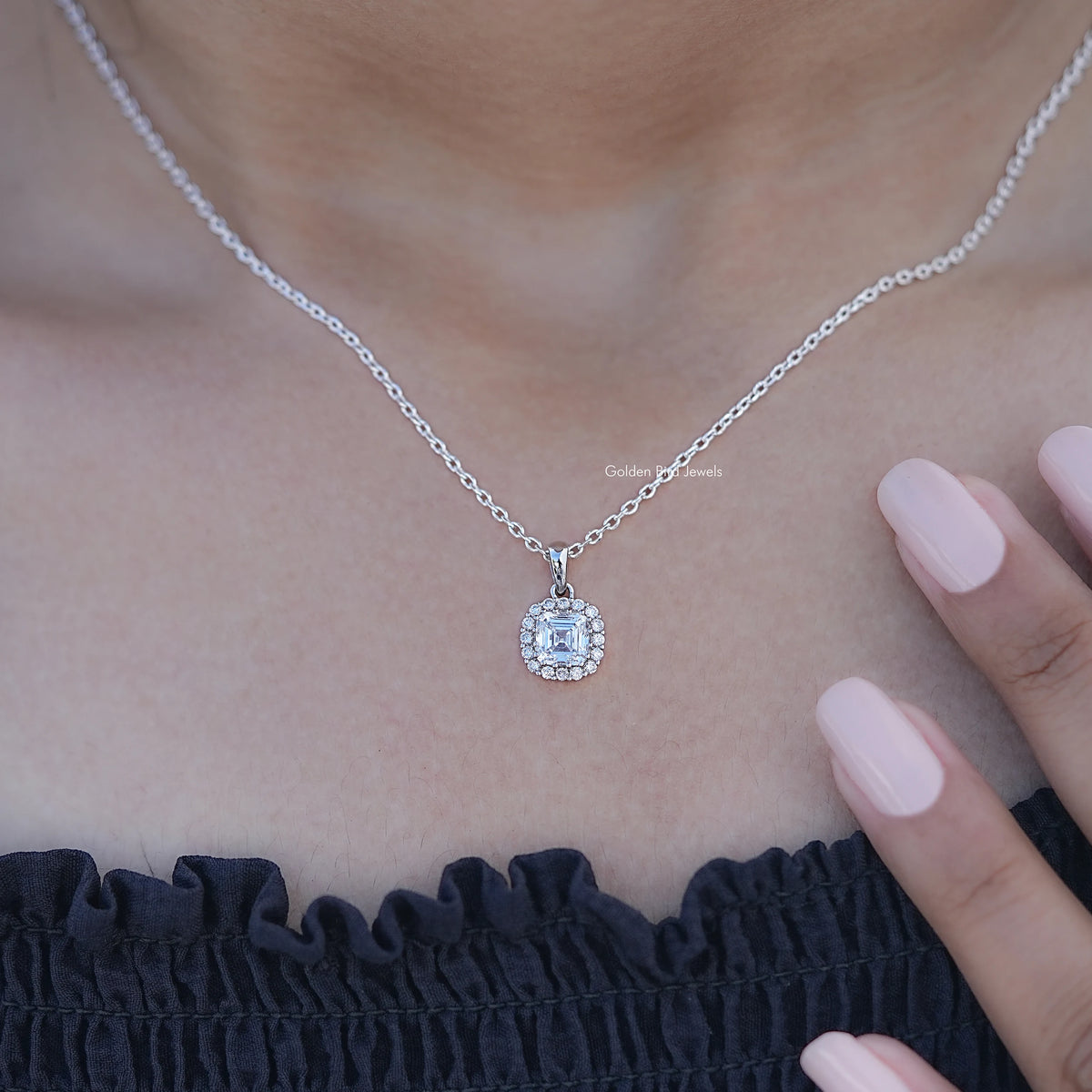Detailed View of Square Cushion Lab Diamond Halo Pendant