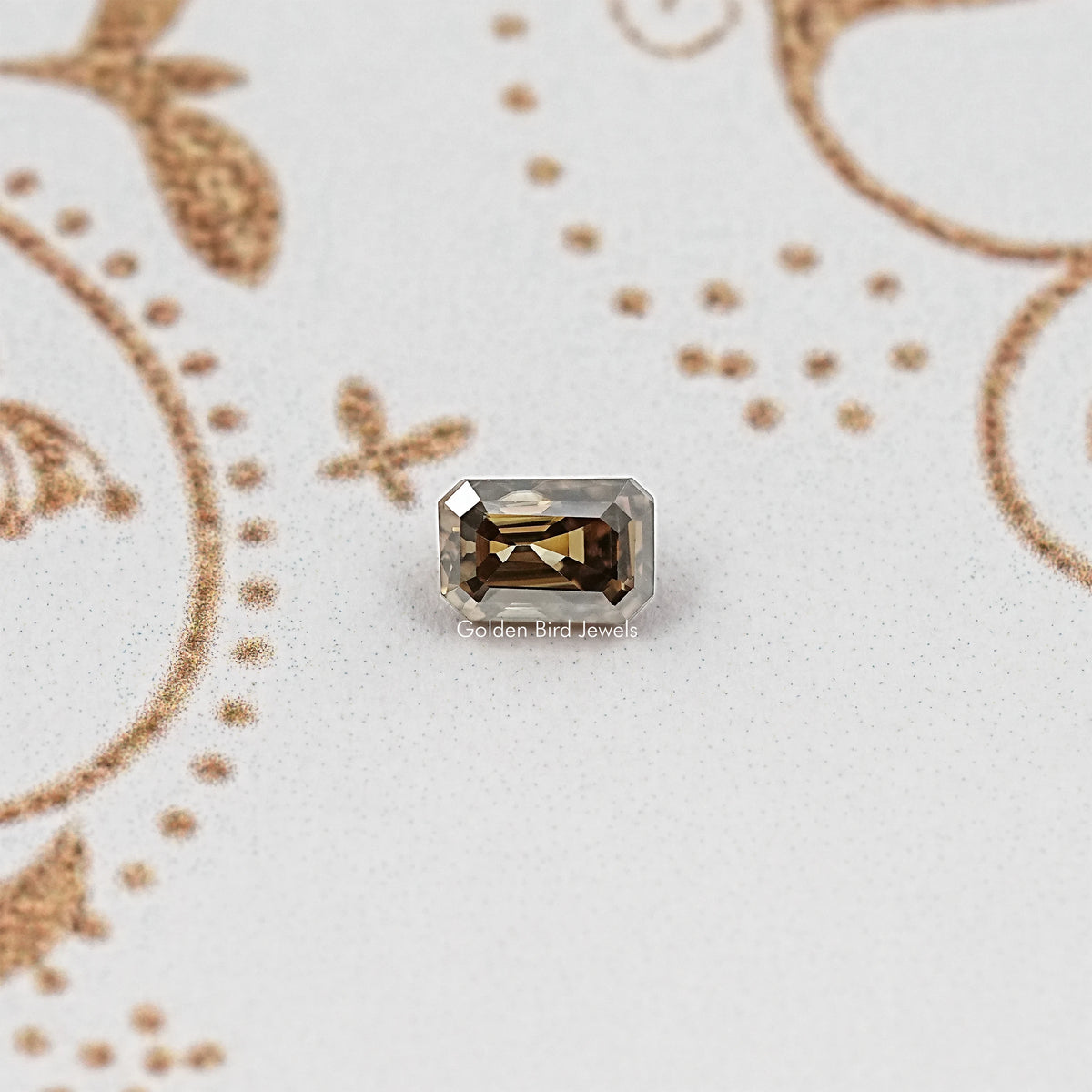 Emerald-cut moissanite loose stone, dark smoky rectangle with facets