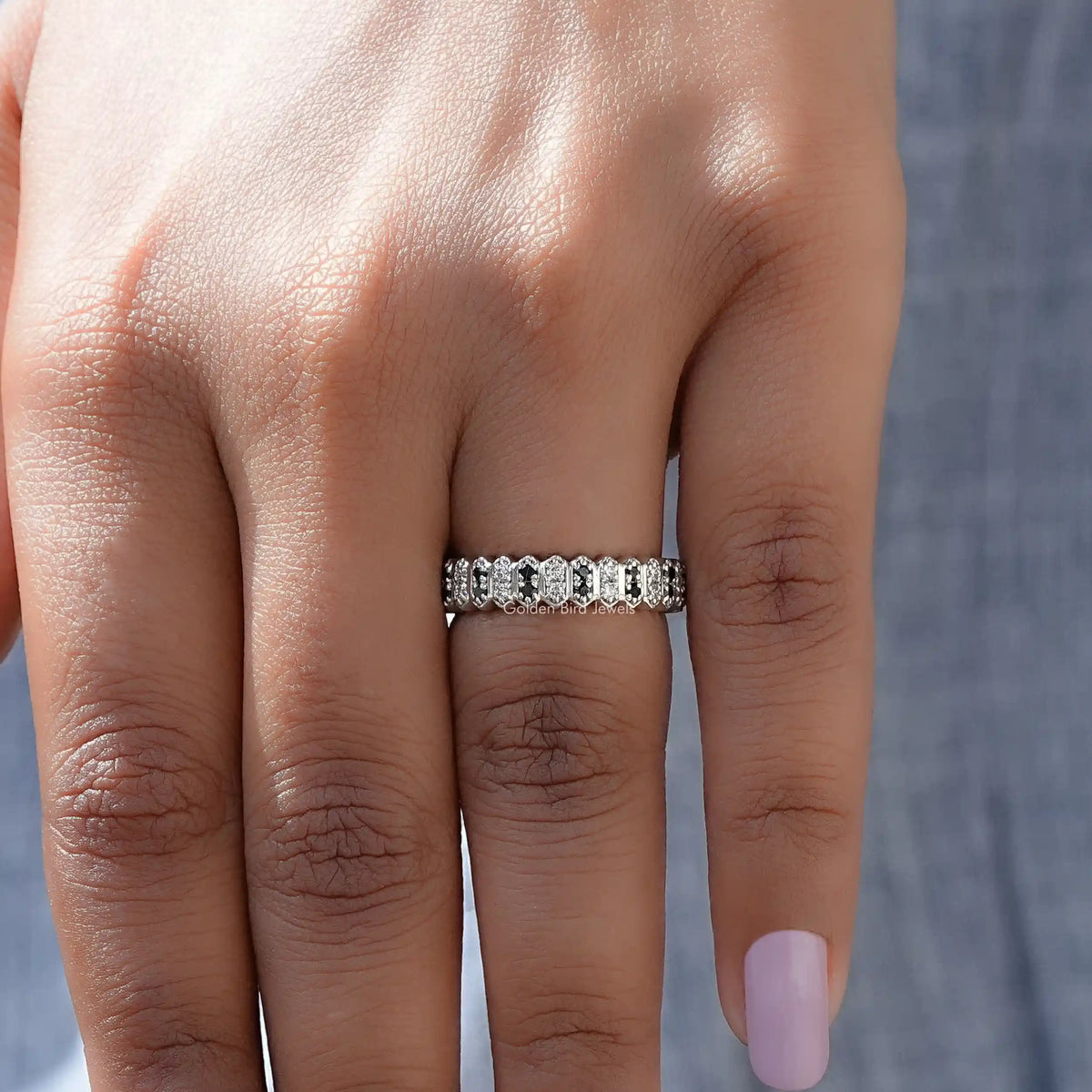 Detailed View of Colorless Round Cut White Gold Band In White Gold