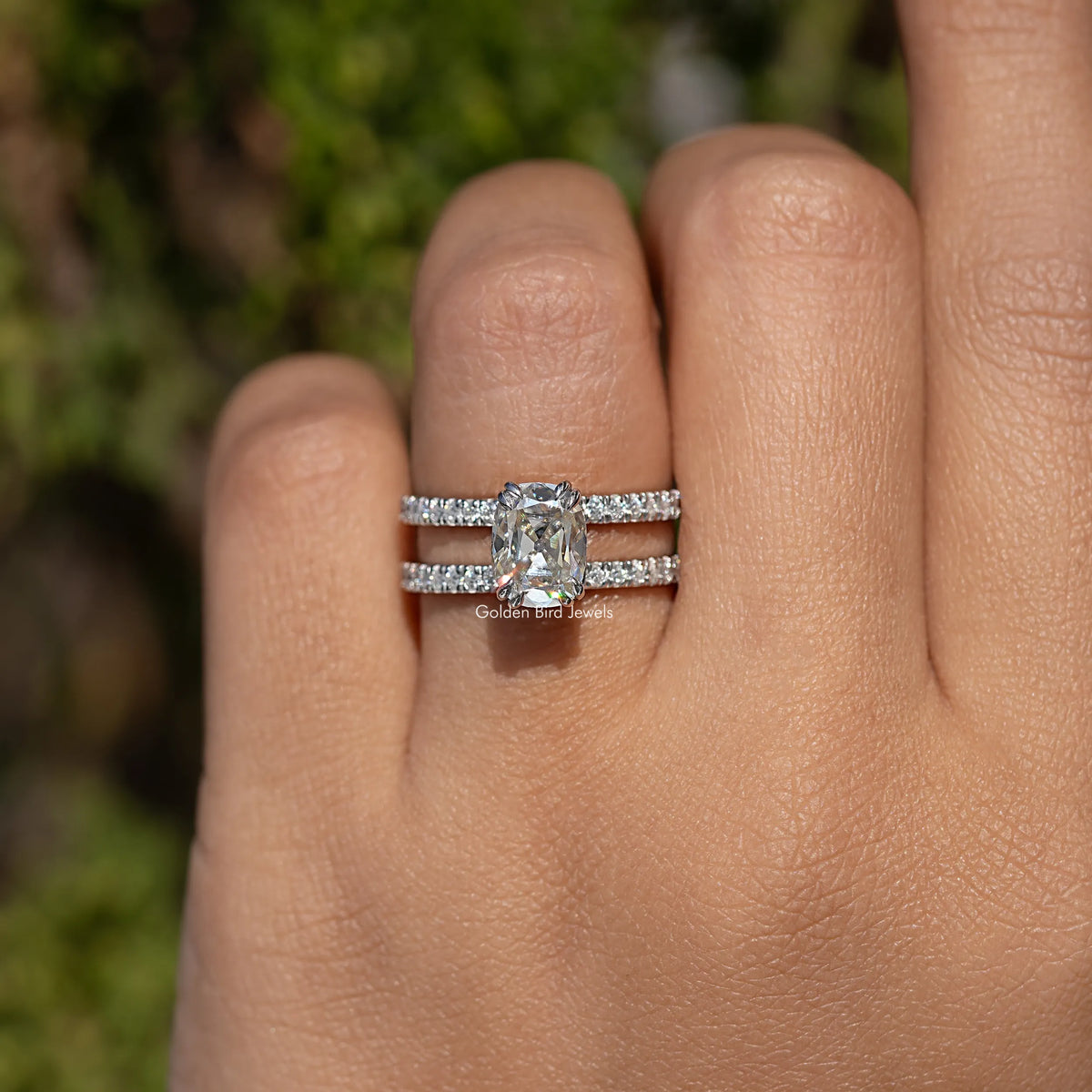 925 sterling silver moissanite ring with baguette bands and irregular cushion center stone
