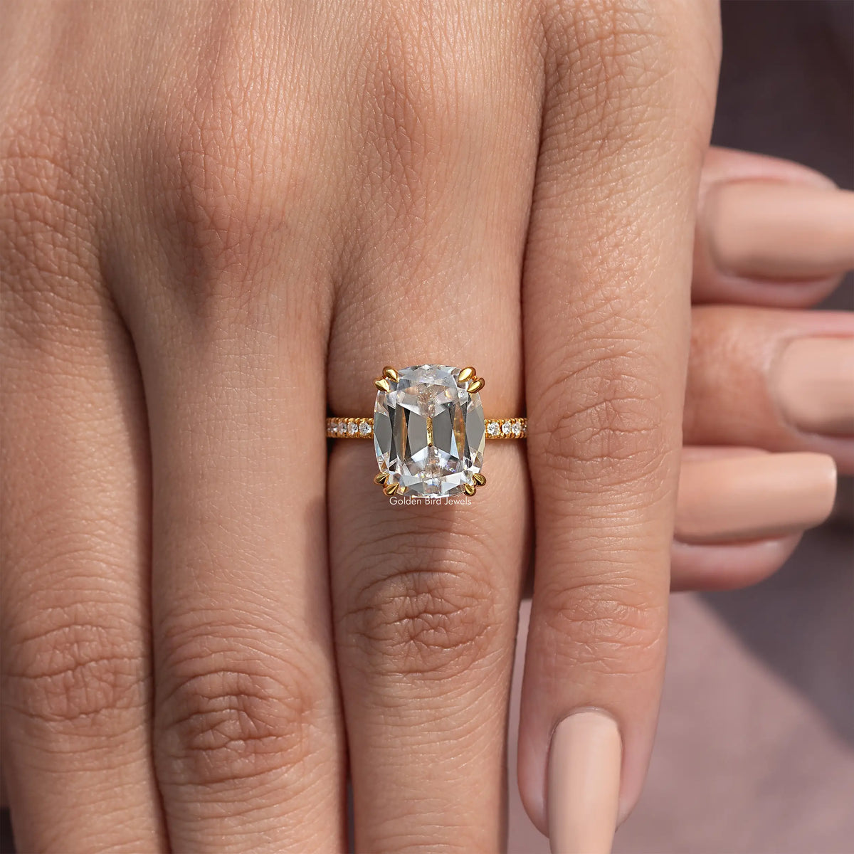 Cushion-cut moissanite ring with accent stones in 925 sterling silver