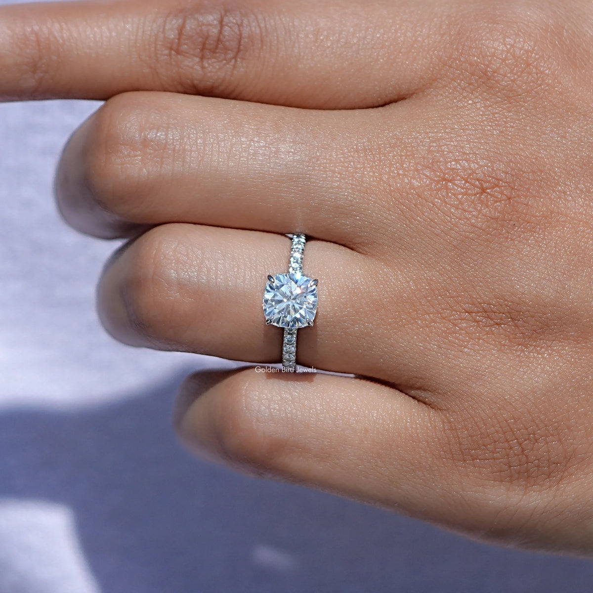 View of Cushion cut Moissanite Ring in prongs setting