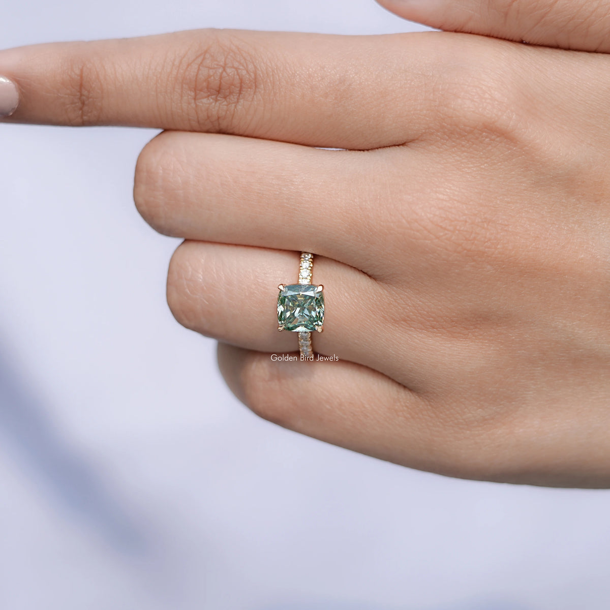 View of Moissanite Cushion Cut Ring in prongs setting