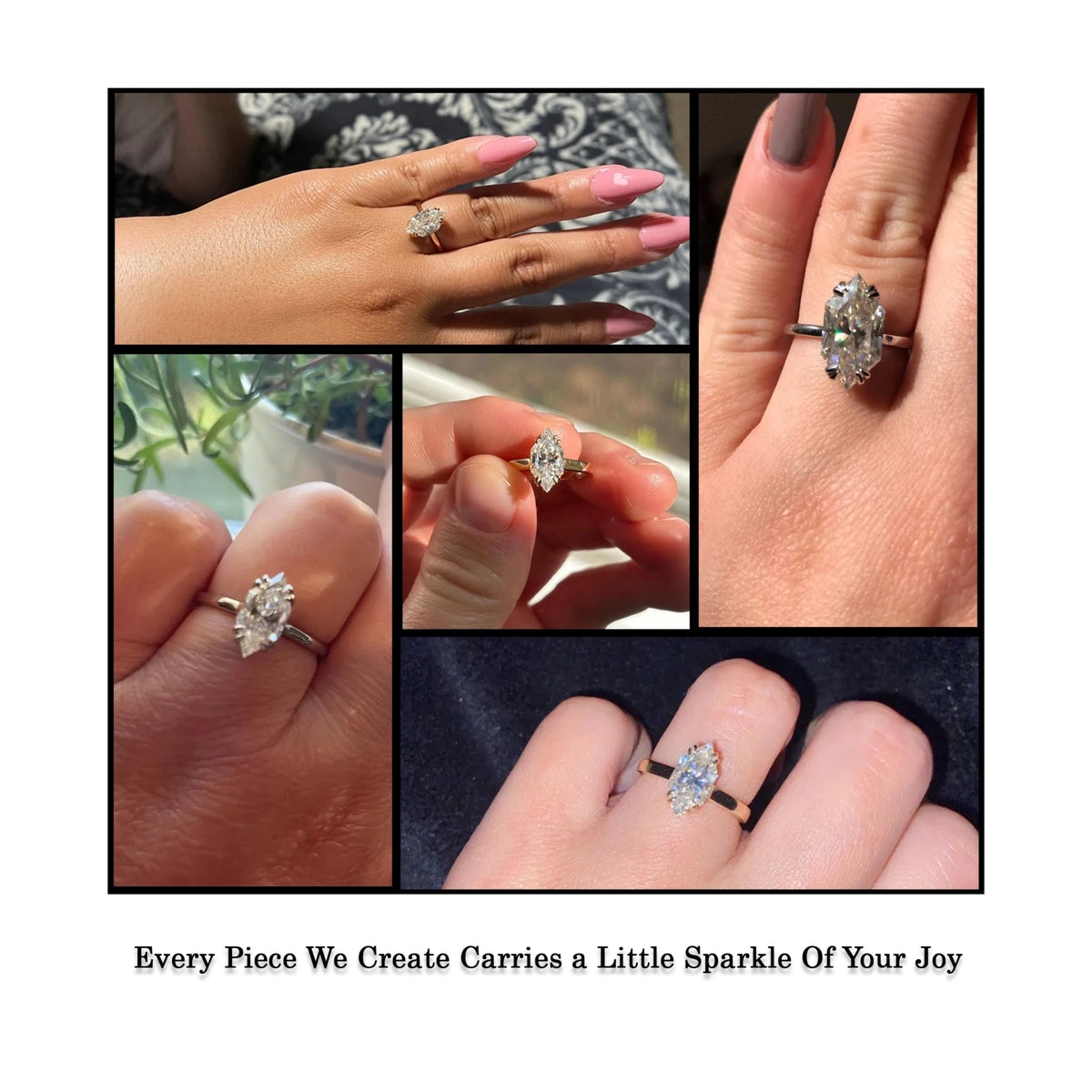 Silver marquise-cut ring with center stone and hidden halo, shown on hand