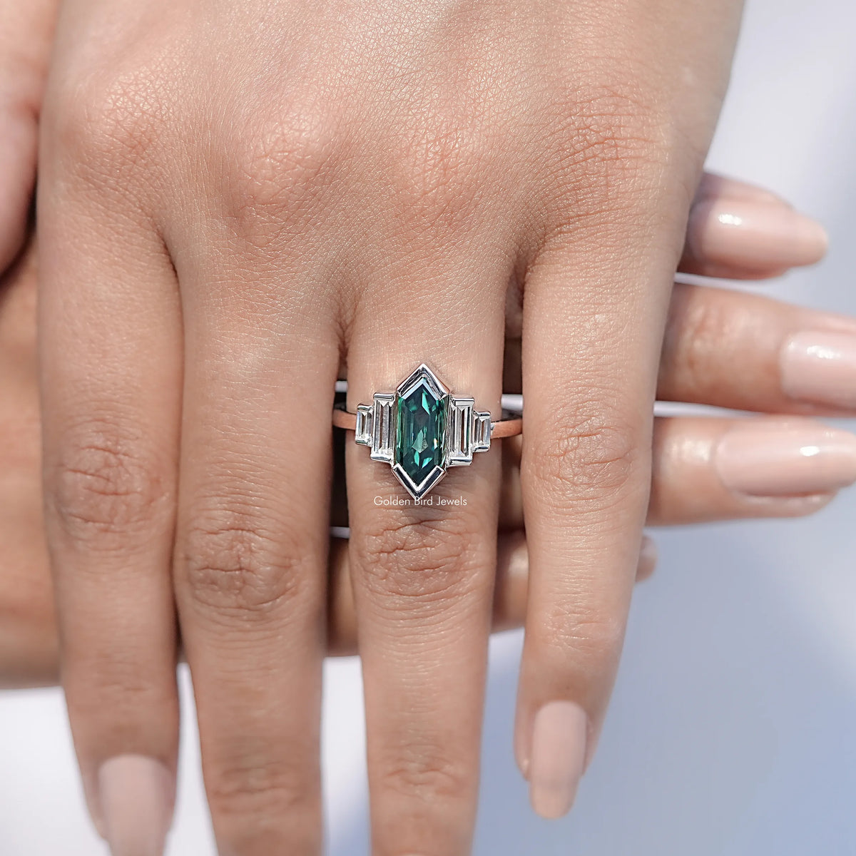 Close view of Hexagon Cut Moissanite Five Stone Ring