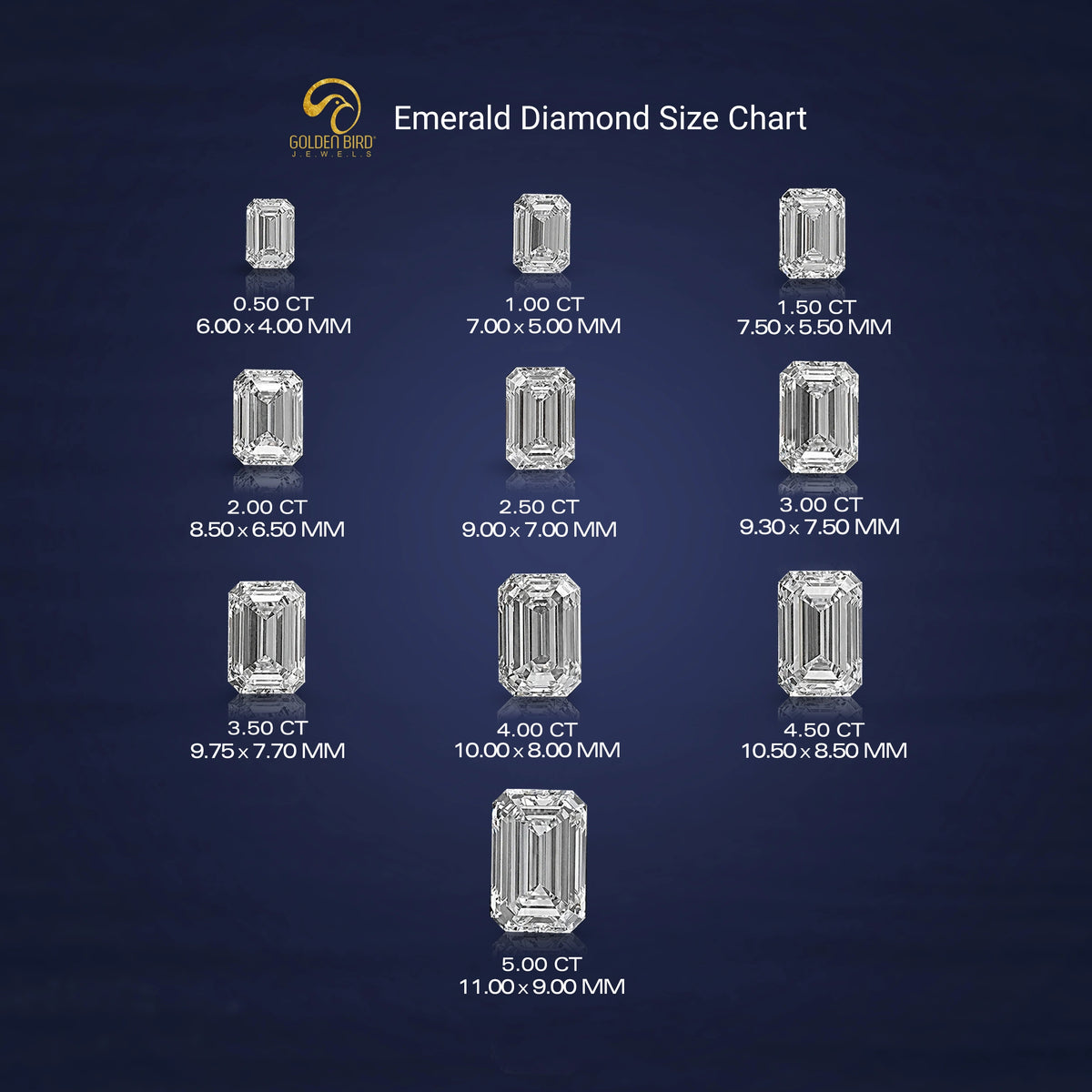 Close-Up View of Emerald Diamond Size Chart In White