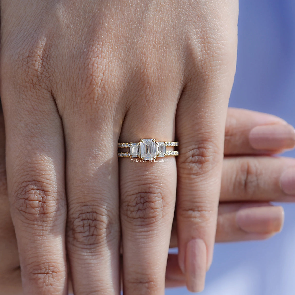 Close view of Emerald Cut Moissanite Solitaire Ring