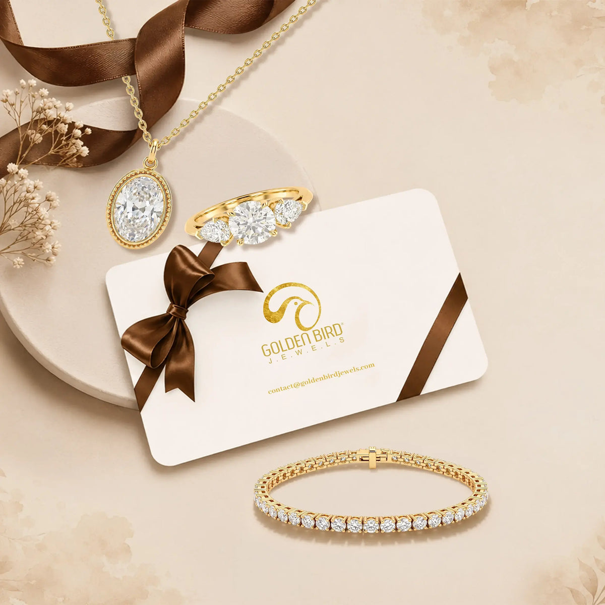 Golden Bird gift card with gold ribbon, shown with crystal bracelet
