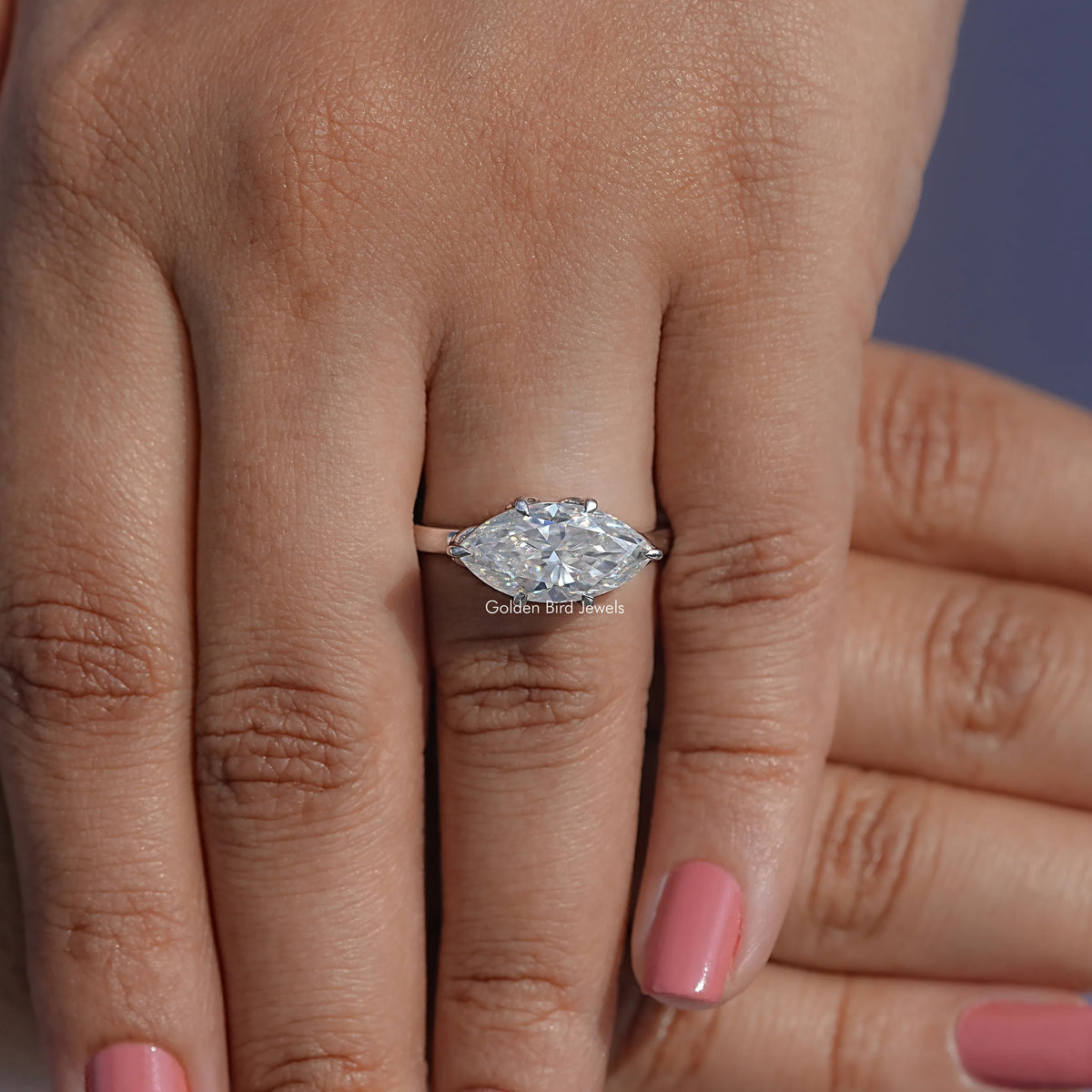 Detailed View Of East West Set Marquise Cut Moissanite Ring