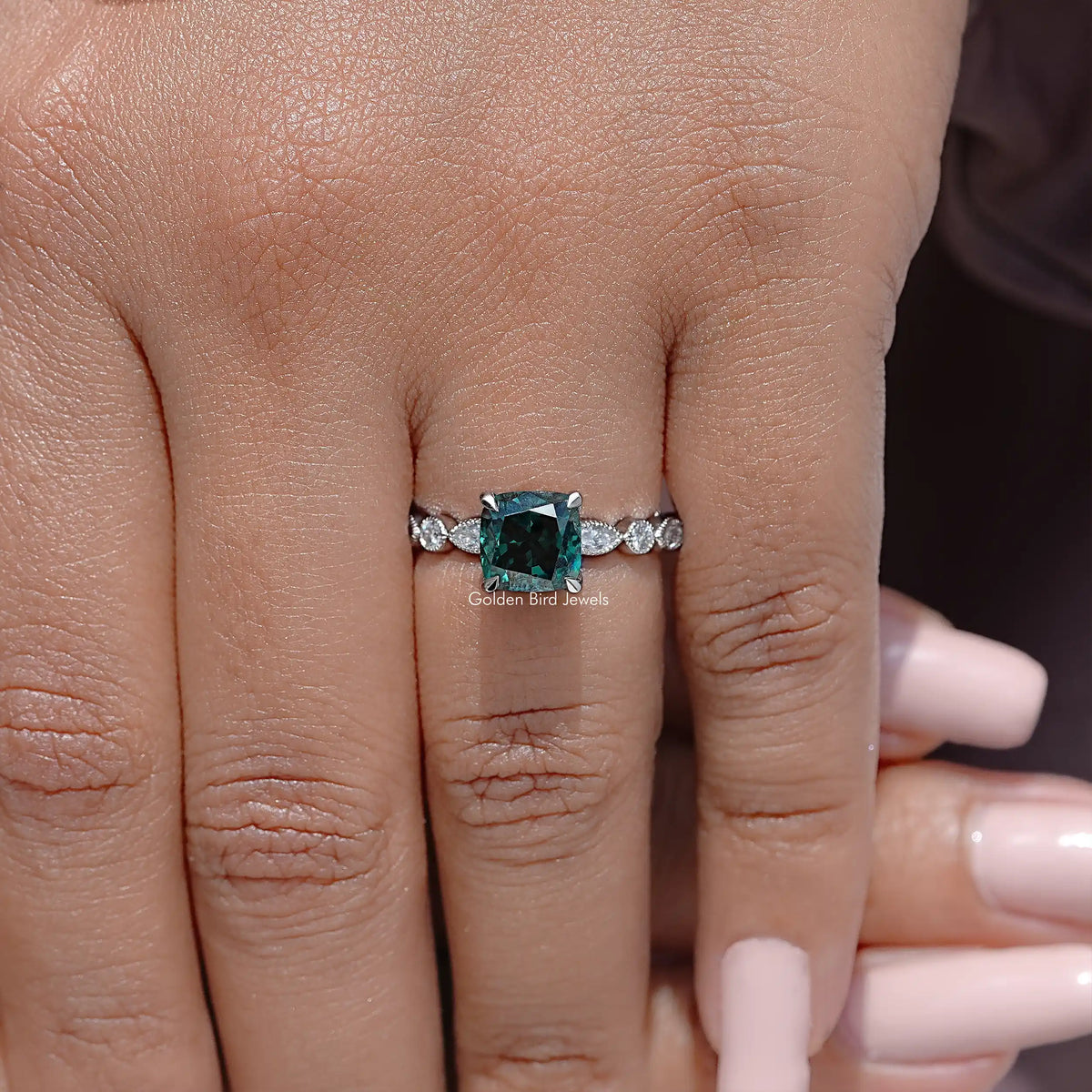 925 sterling silver moissanite engagement ring with teal cushion-cut center and pave side stones