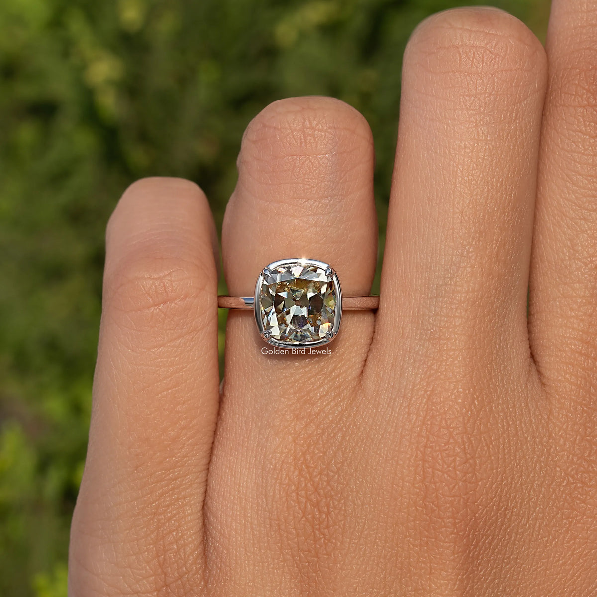 Sterling silver cushion moissanite solitaire ring, square-cut bezel-set center stone
