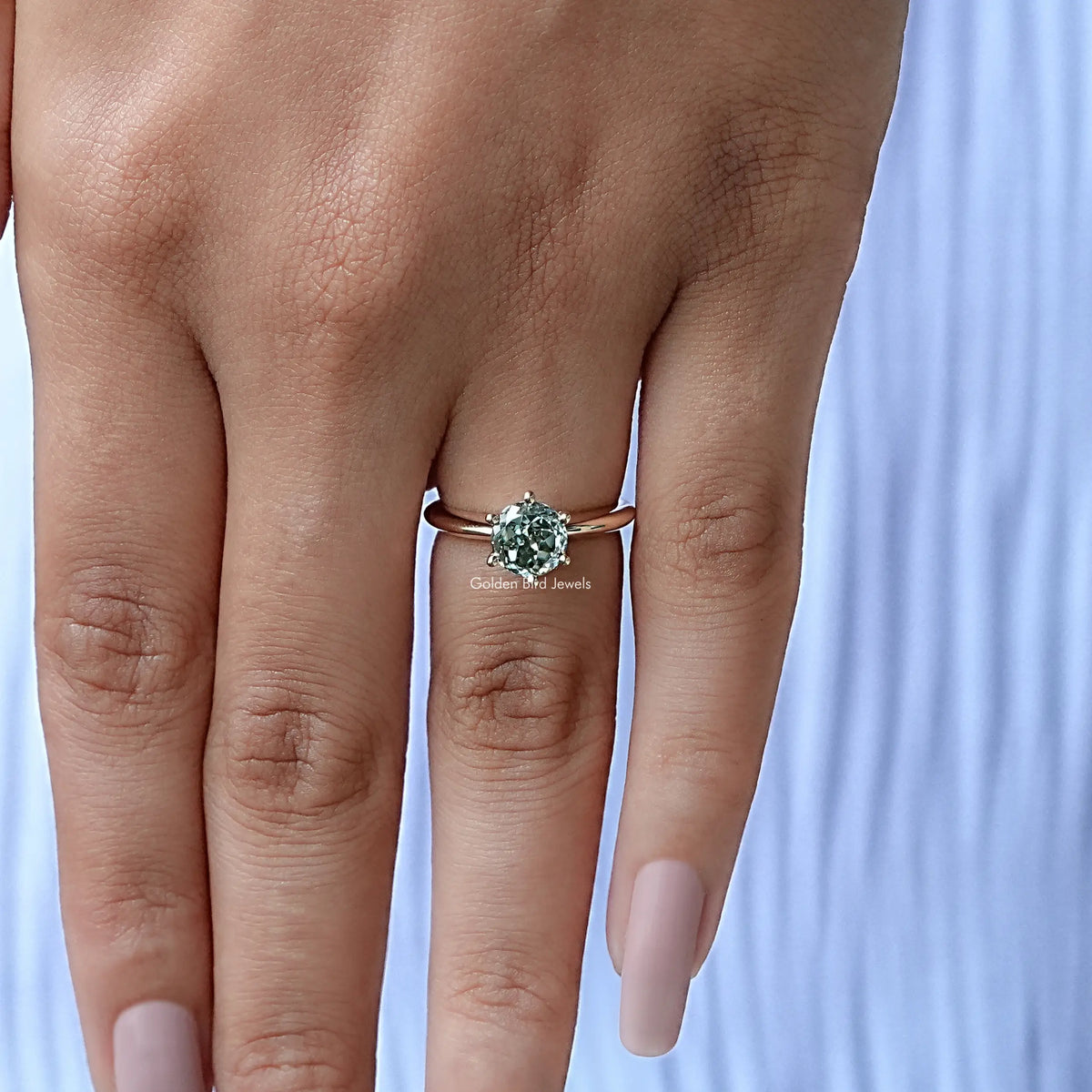Portuguese Round Cut Solitaire Ring Set In finger