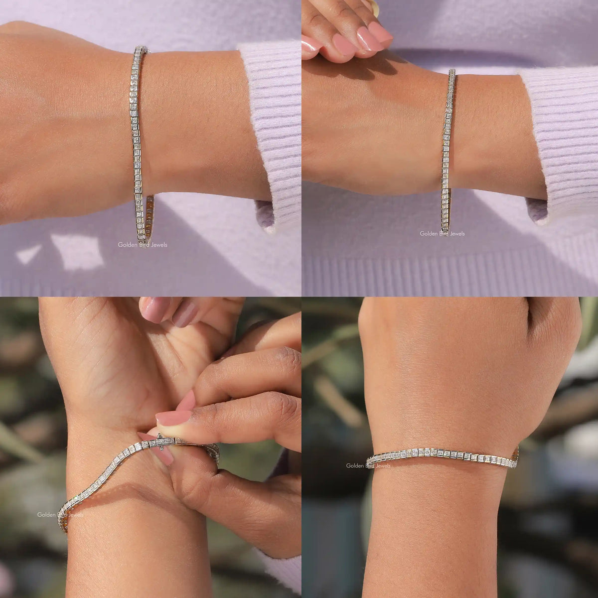 Front Back Side and close view of moissanite half bezel bracelet
