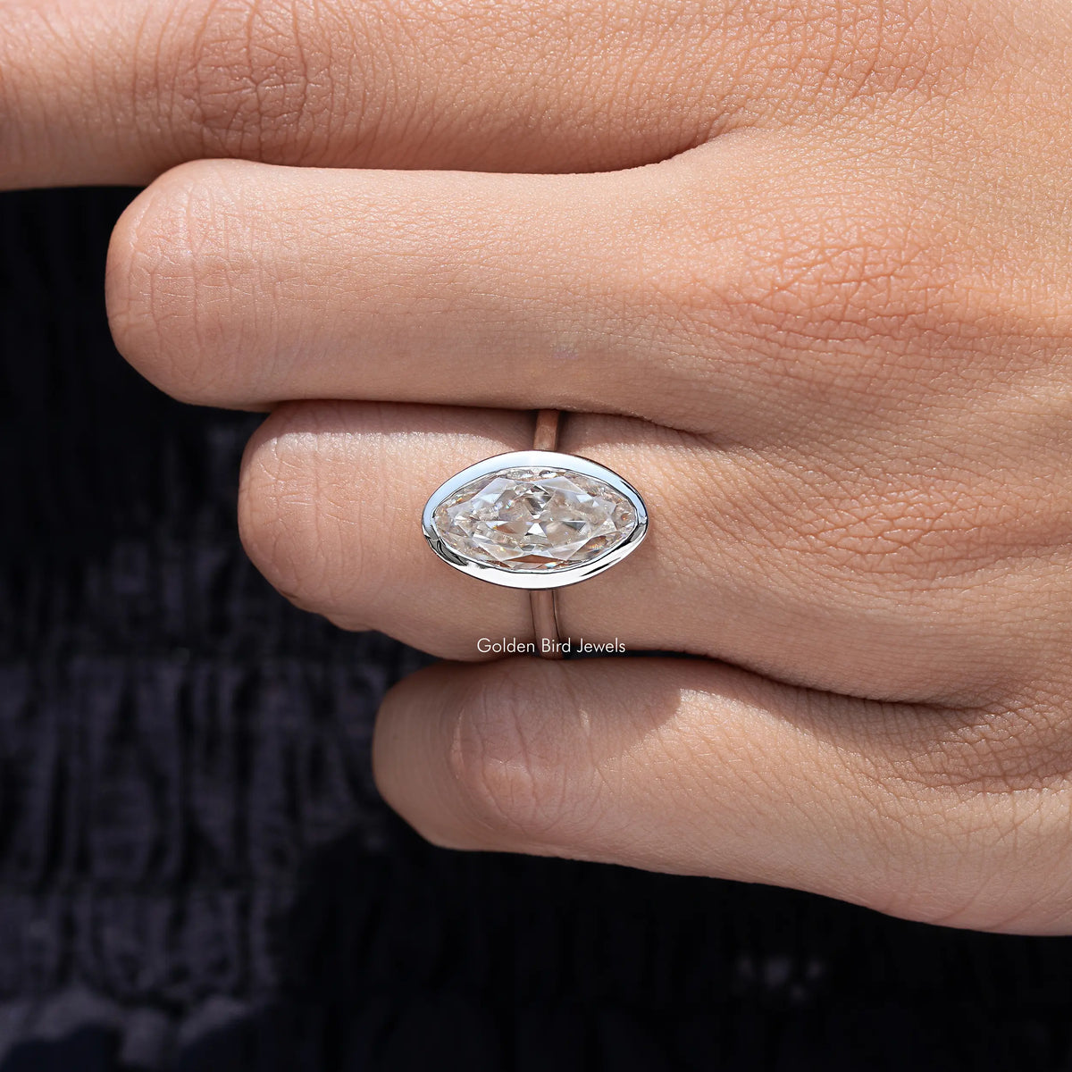 Side view of oval bezel-set moissanite solitaire ring, silver-toned band and setting