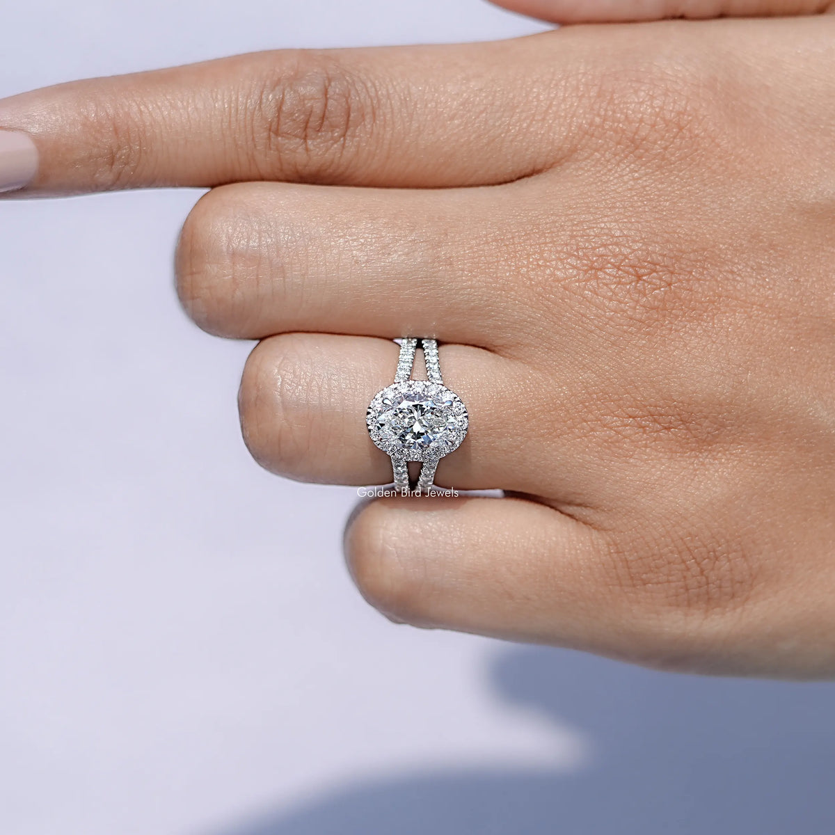 In finger front view of Diamond Split Shank Engagement Ring in unique shape