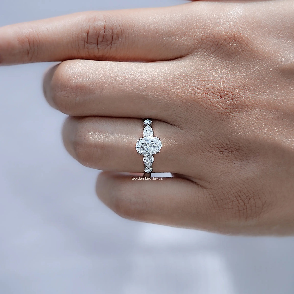 Detailed view of Oval And Half Moon Lab Diamond Five Stone Ring