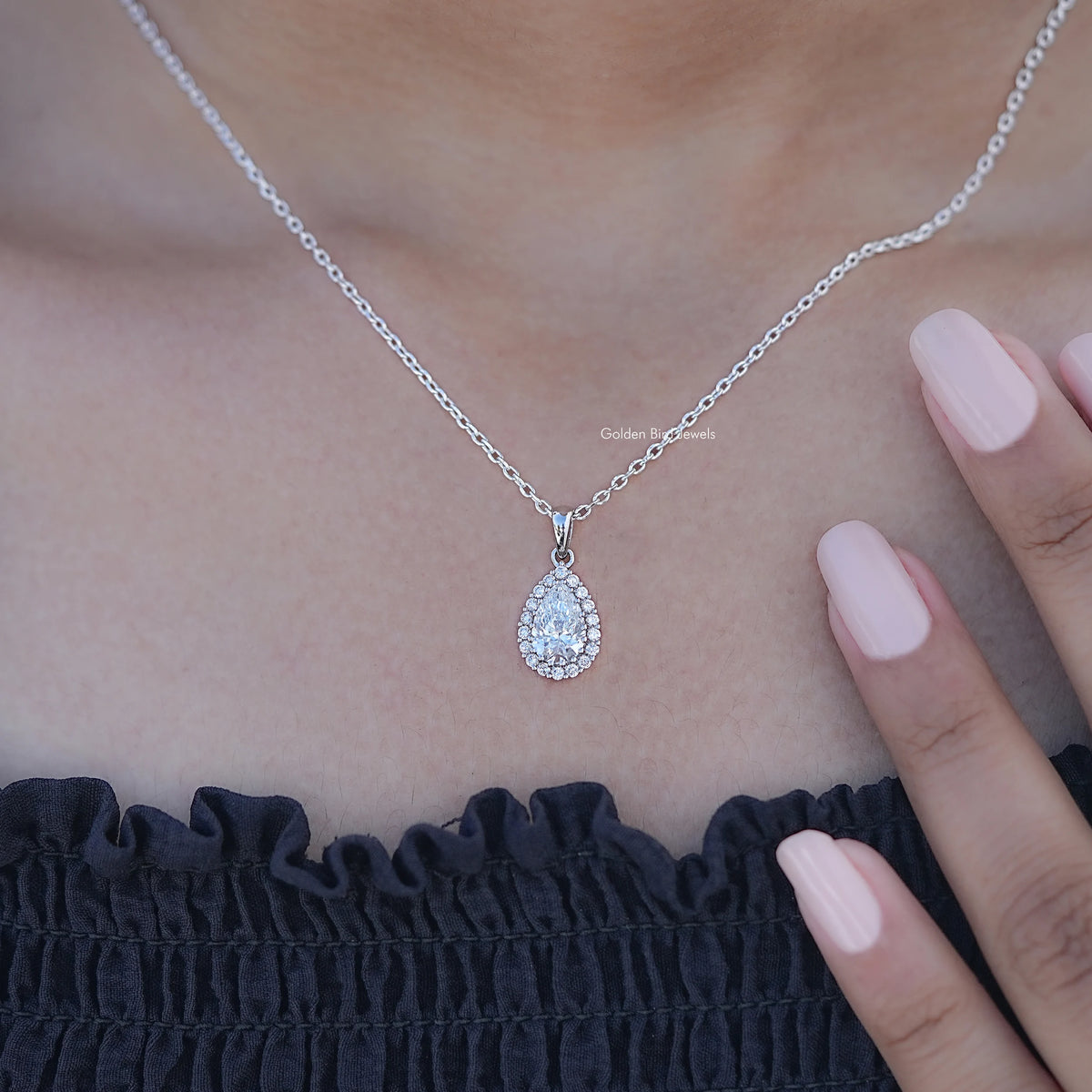 Detailed View of Pear Cut Lab Diamond Halo Necklace