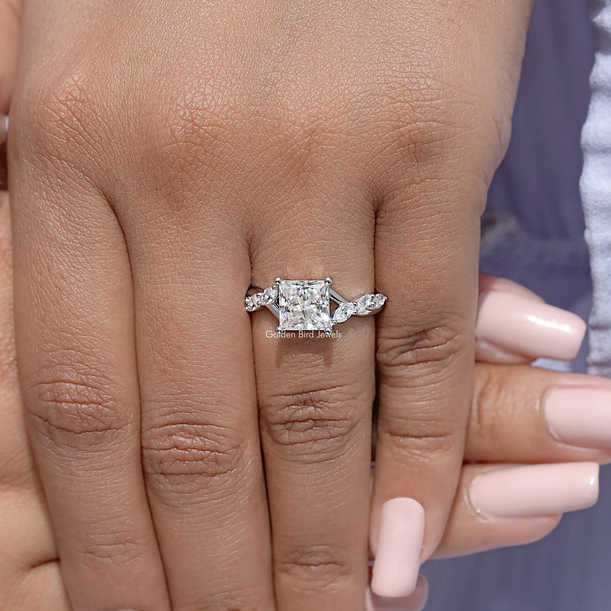 Square-cut moissanite ring in 925 sterling silver with floral band detail