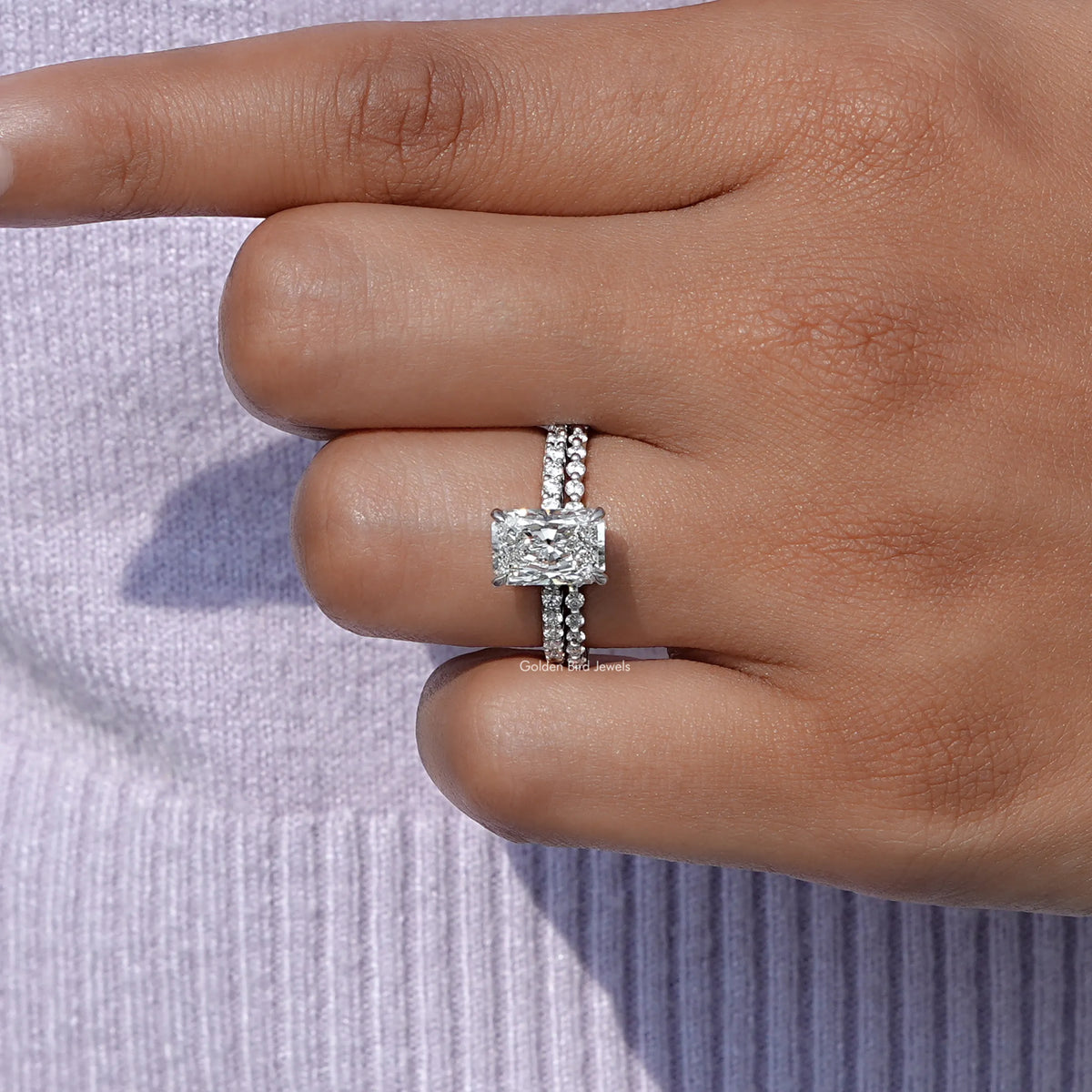 Profile view of Radiant Cut Diamond Bridal Ring Set