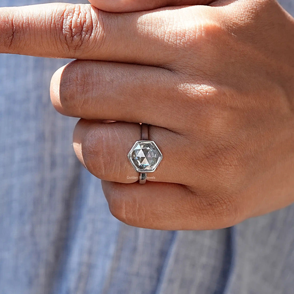 View of Rose Cut Hexagon Moissanite Solitaire Ring In White Gold