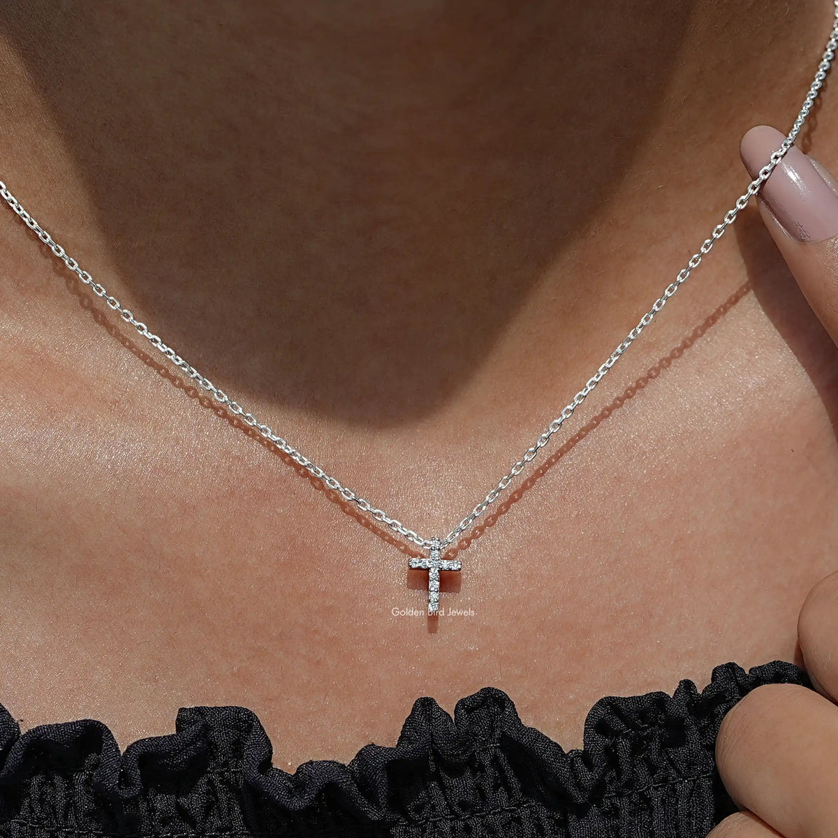 View of Round Cut Lab Grown Diamond Cross Pendant In Wear's of Women's