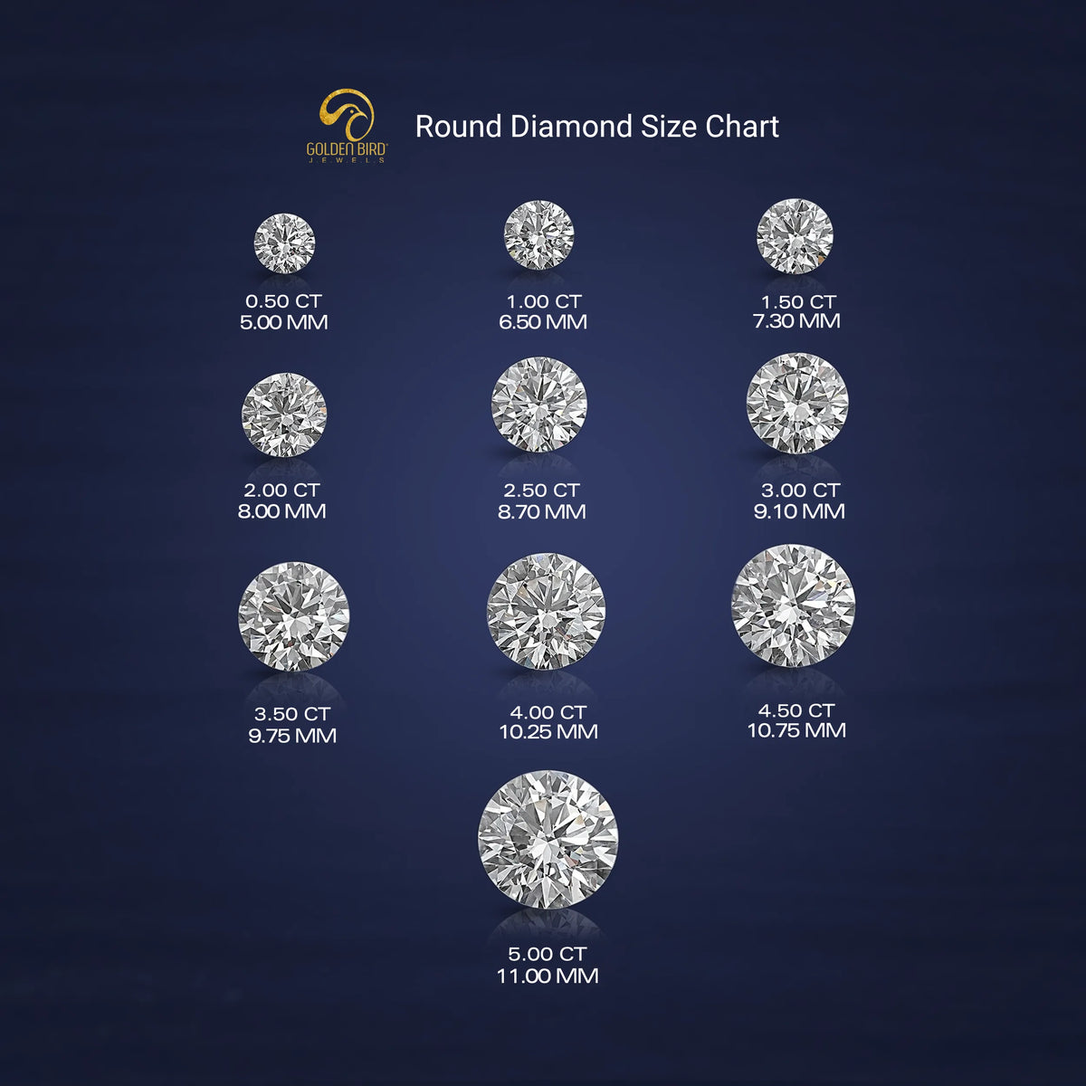 View of Round Cut Diamond Size Chart In White color