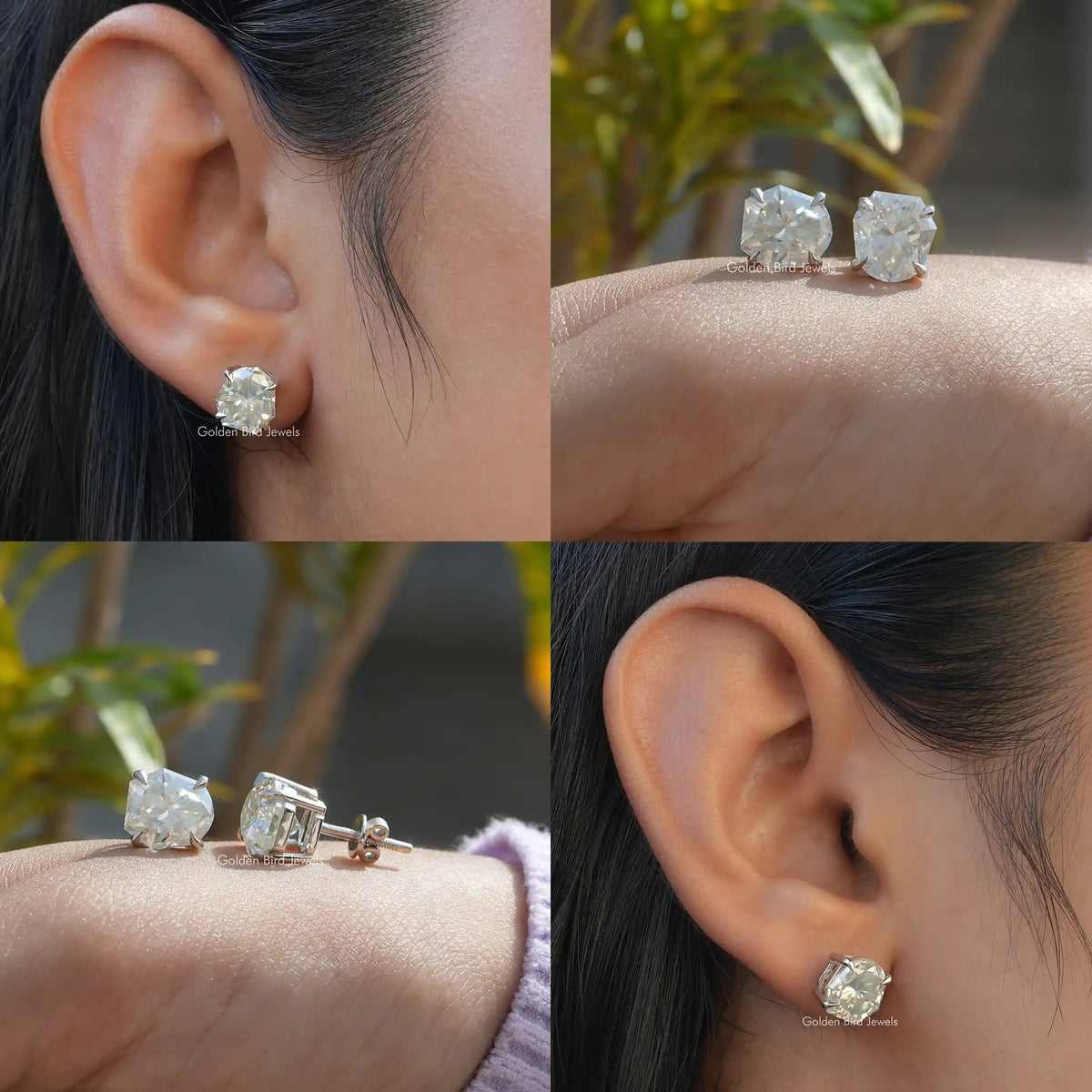A different view of stud earrings crafted in moissanite stones