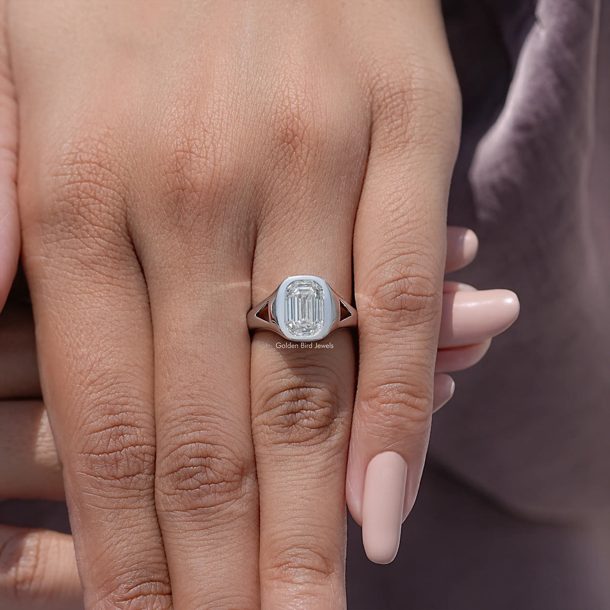 Emerald Cut Moissanite Bezel Set Engagement Ring