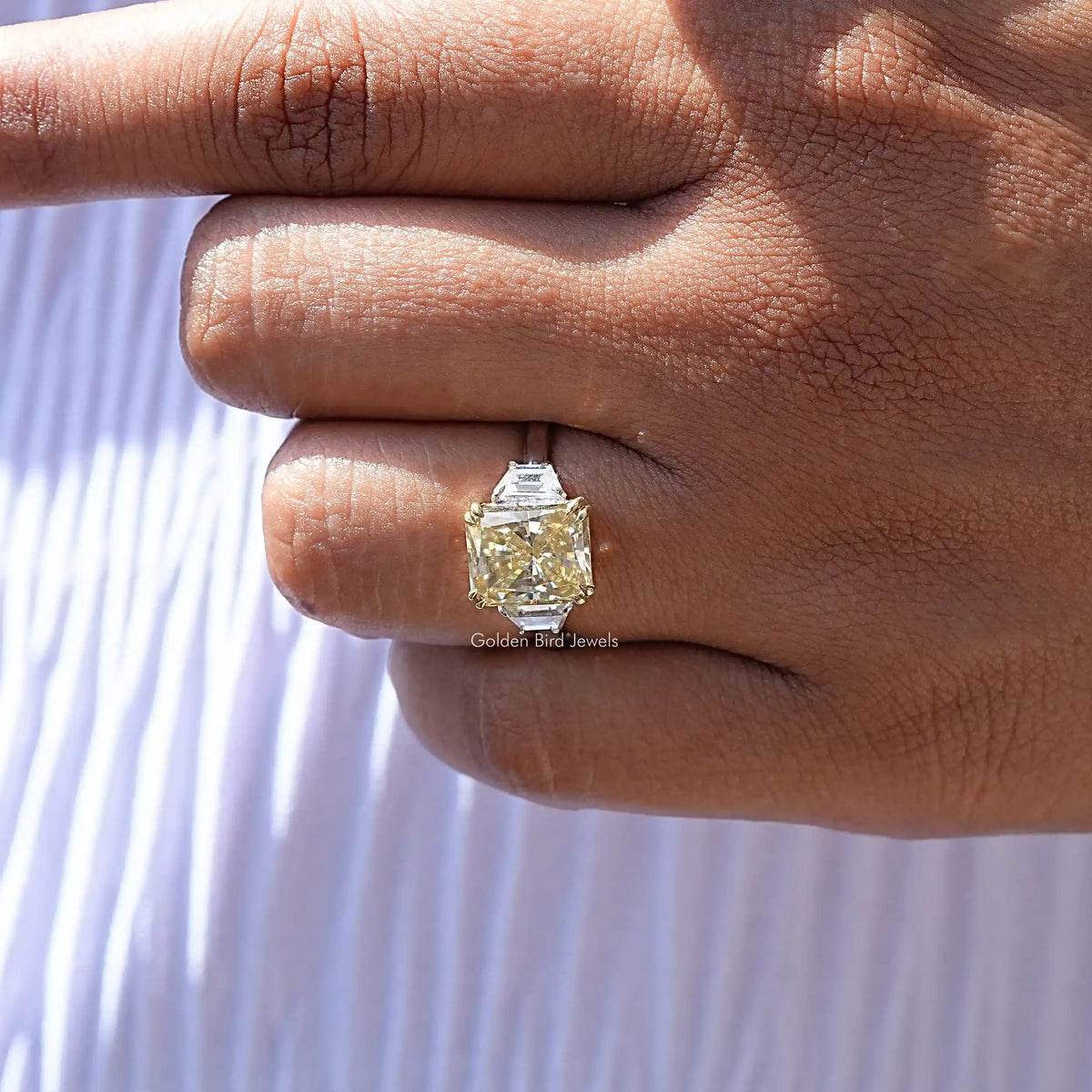 View of Three Stone Radiant Cut Moissanite Engagement Ring In White Gold