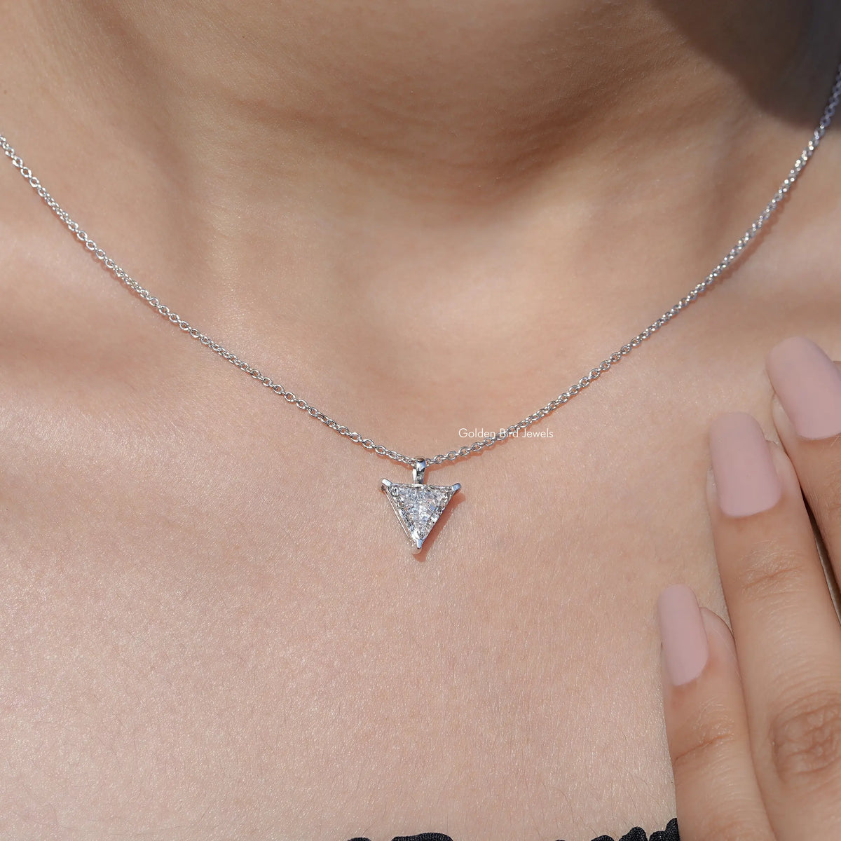 Side View Of Triangle Cut Lab Diamond Solitaire Necklace