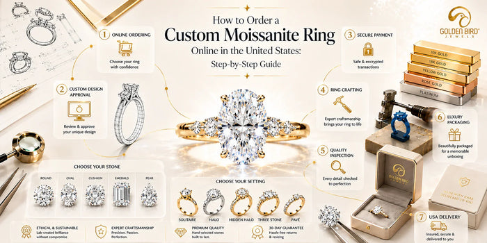 View of Custom moissanite ring ordering process from design approval to delivery