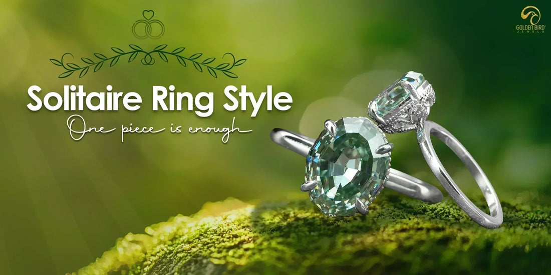 A solitaire Engagement Ring made by goldenbirdjewels, placed over beautiful greeen rock,[text] solitaire ring style is written in white color fancy font