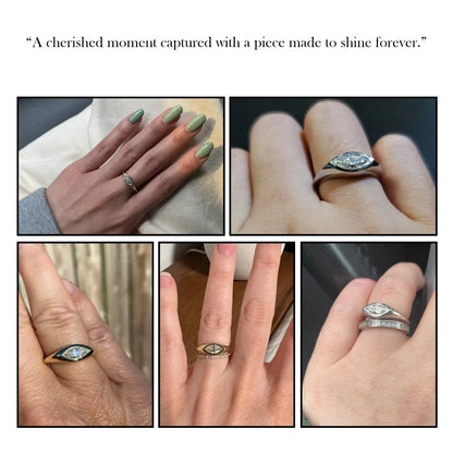 Marquise-cut bezel-set moissanite ring, shown on hand from multiple angles