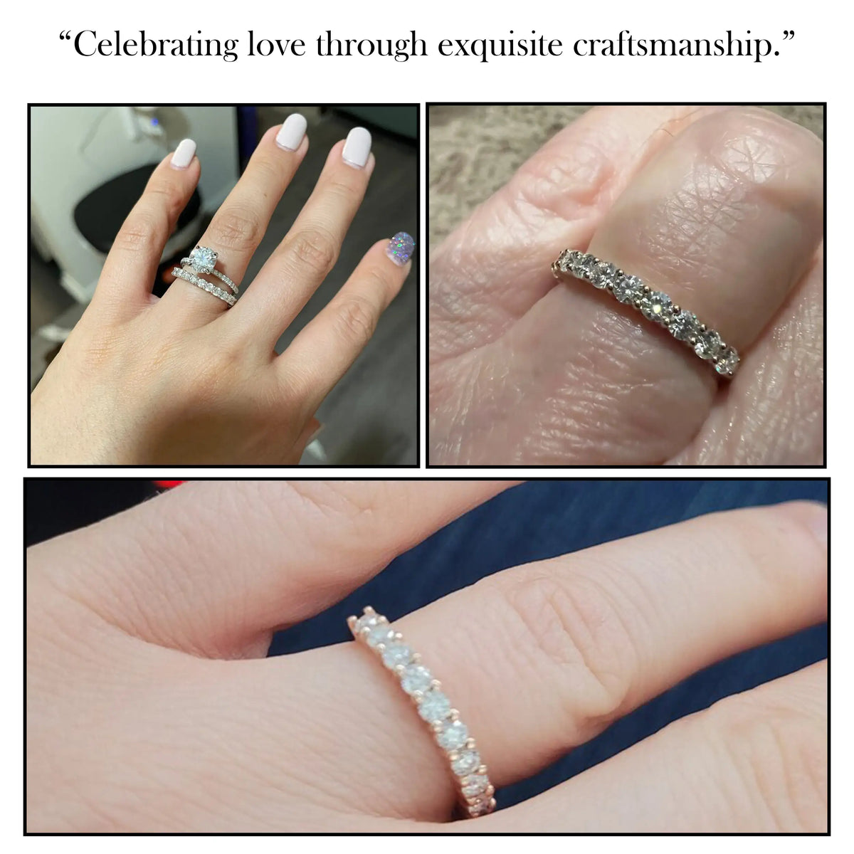 Silver half-eternity ring with round-cut stones shown from multiple angles on hands