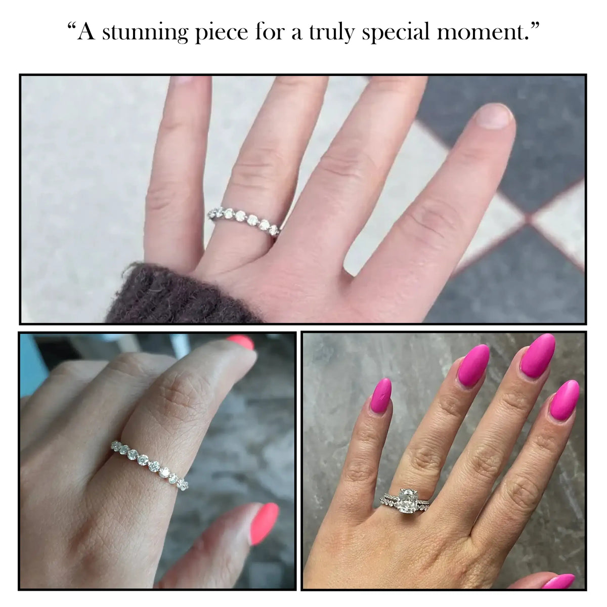 Eternity wedding band with small round stones, shown on hand