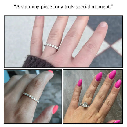 Eternity wedding band with small round stones, shown on hand