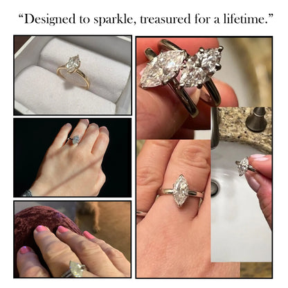 Marquise-cut moissanite hidden halo wedding ring, silver band with oval center stone