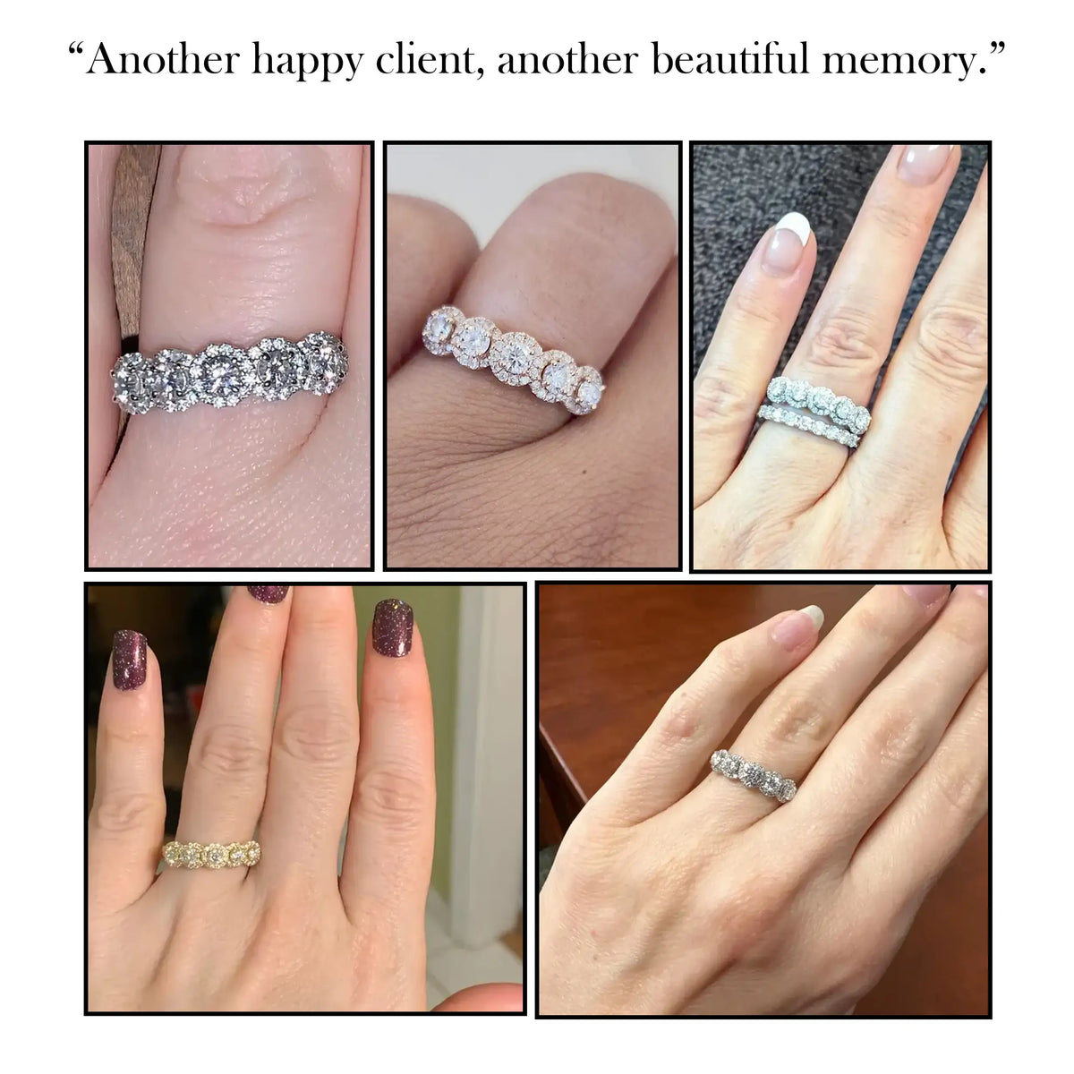 Five-stone halo lab diamond band ring with round stones and sparkling prong settings