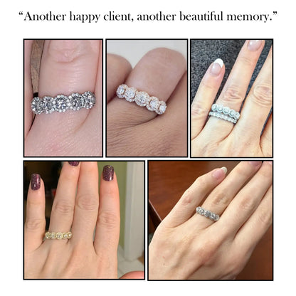 Five-stone halo lab diamond band ring with round stones and sparkling prong settings