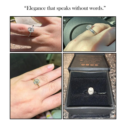 Oval moissanite ring with oval center stone on silver band, shown in gift box