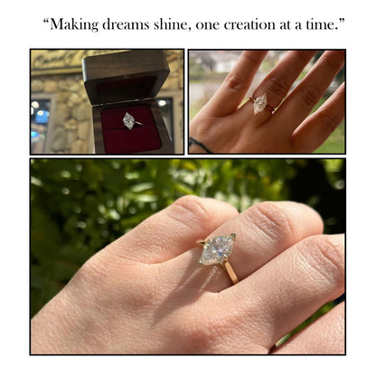 Silver-toned marquise-cut solitaire ring on finger, prong-set center stone