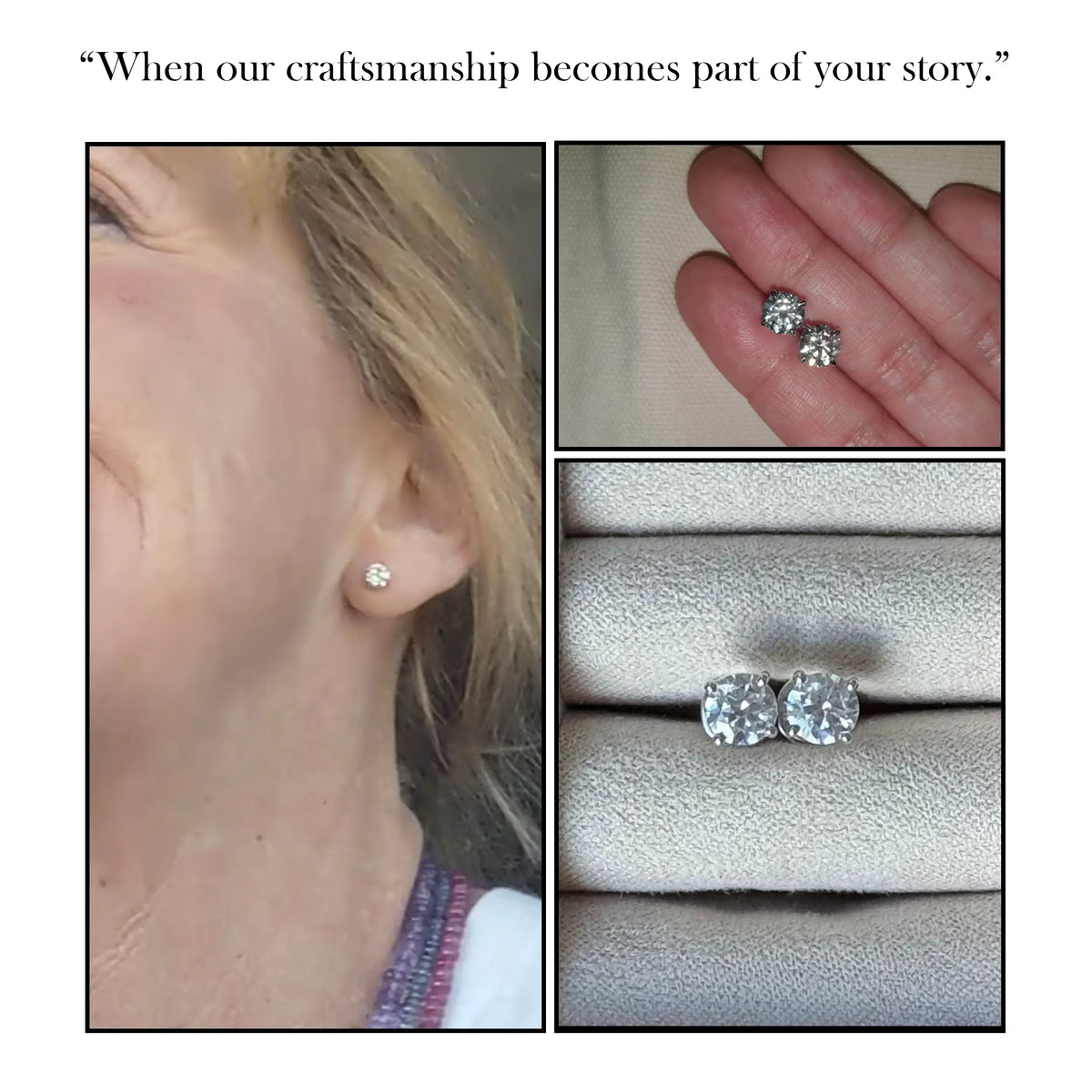 Small round-cut stud earrings with prong-set sparkling stones, close-up on ear