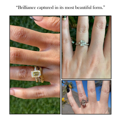 Open cuff ring with clear stones on hand in multi-view collage