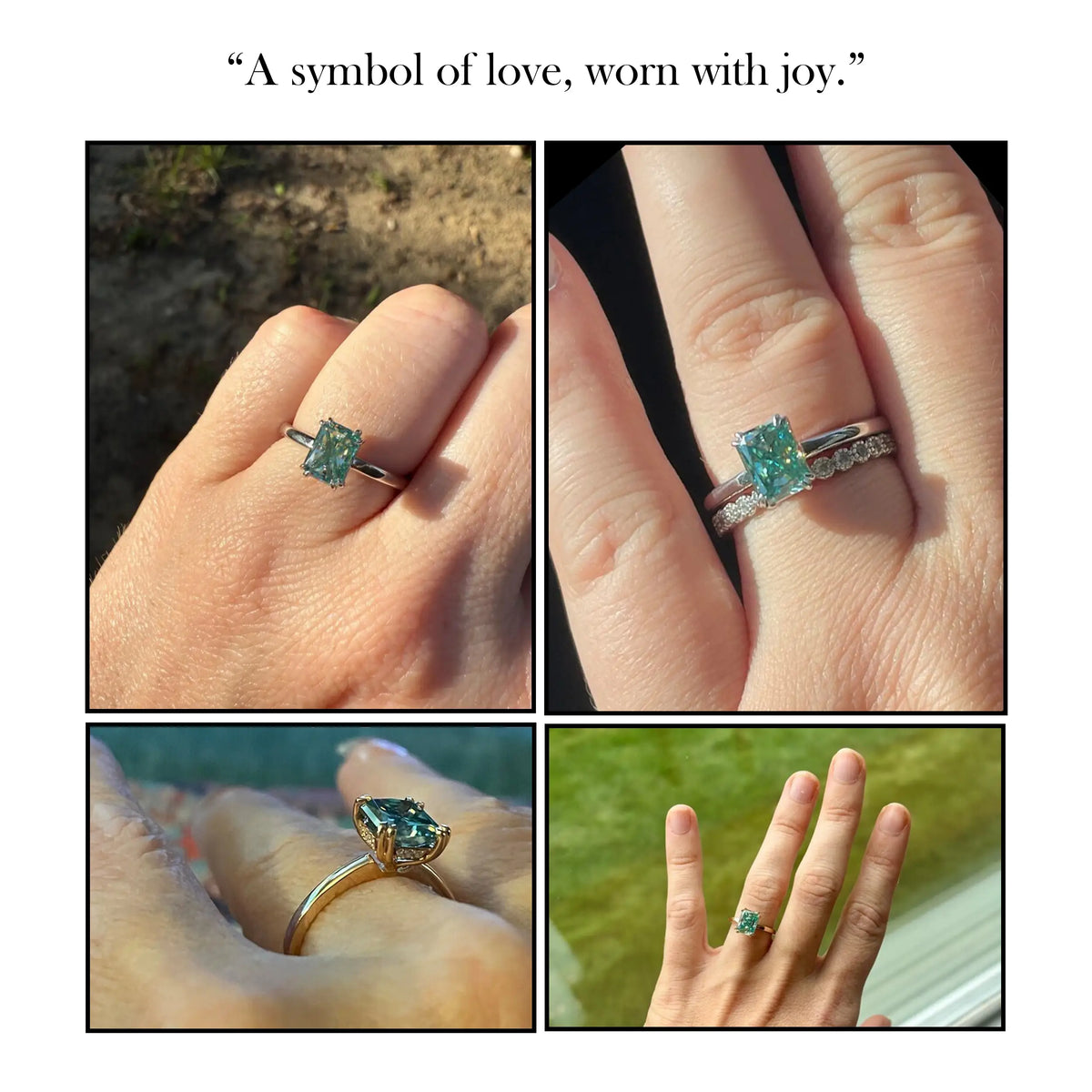 Blue radiant-cut moissanite solitaire ring on a hand, shown in four views