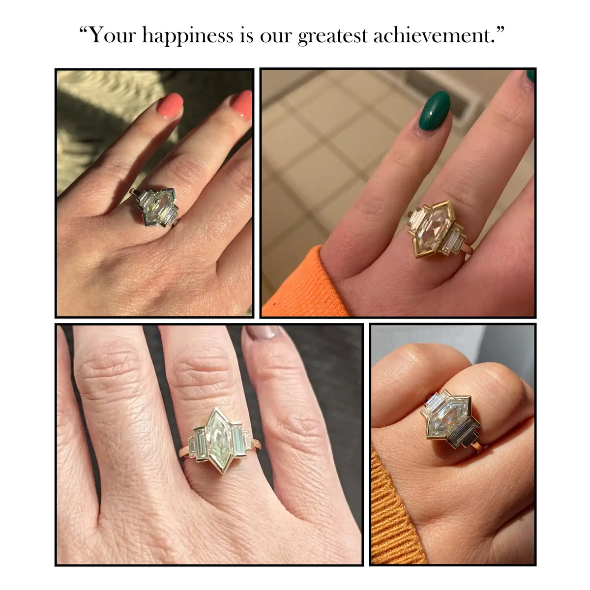 Five-stone moissanite ring showing side setting and rectangular center stone