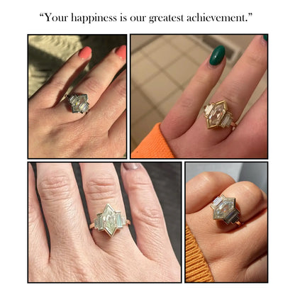 Five-stone moissanite ring showing side setting and rectangular center stone