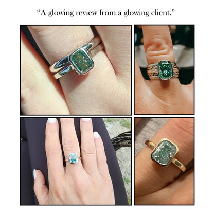 Blue moissanite bezel solitaire ring shown on hand in multiple angles collage