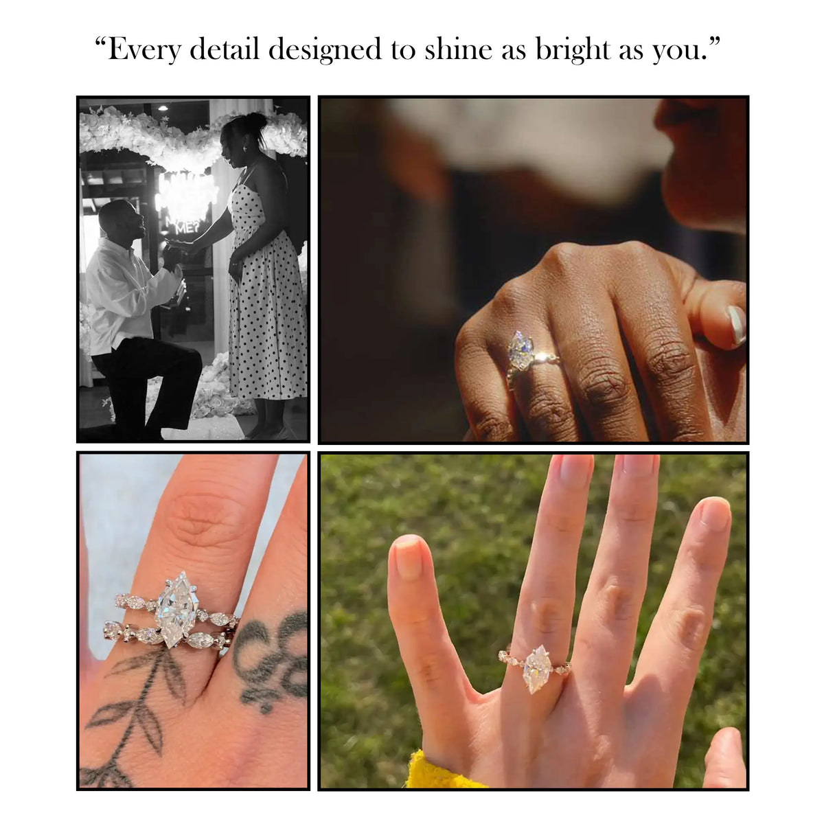 Marquise-cut moissanite engagement ring on hand, front and side views